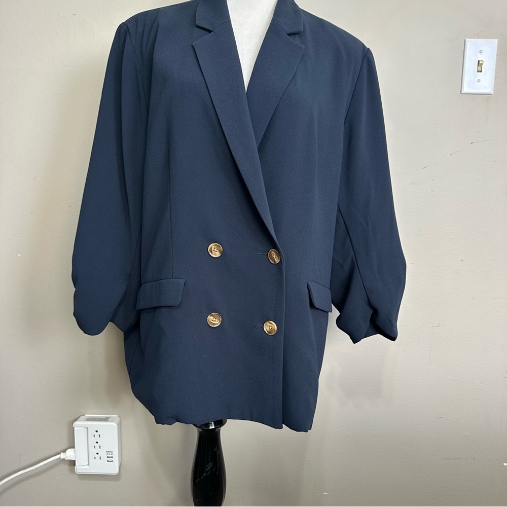 Anthropology women’s size 16/18 double breasted, cinched sleeve blazer,navy blue
